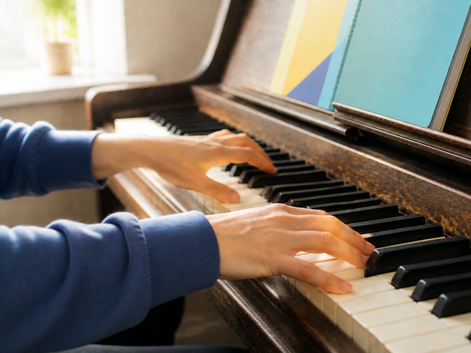 Hands on the keys of an upright piano.