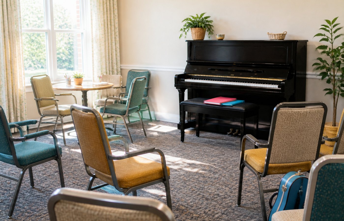 An empty room of chairs facing an upright piano.
