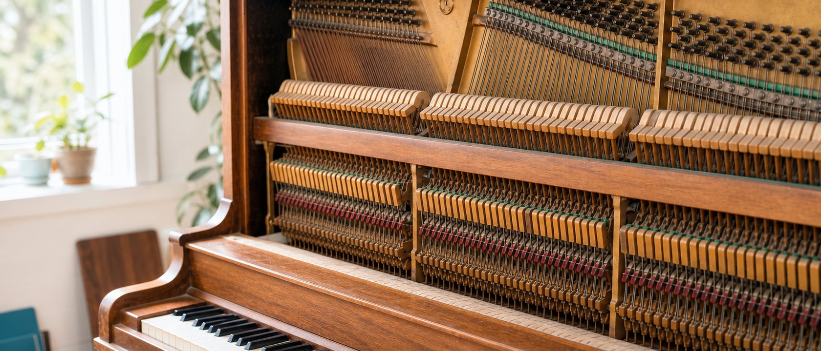 The inside of an upright piano — strings and hammers.