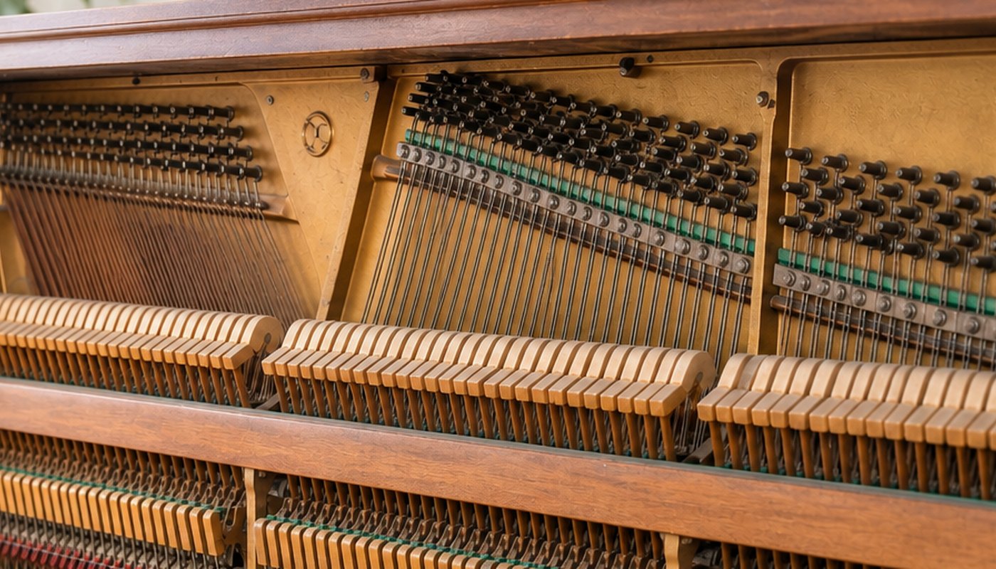 The hammers and strings inside an upright piano.