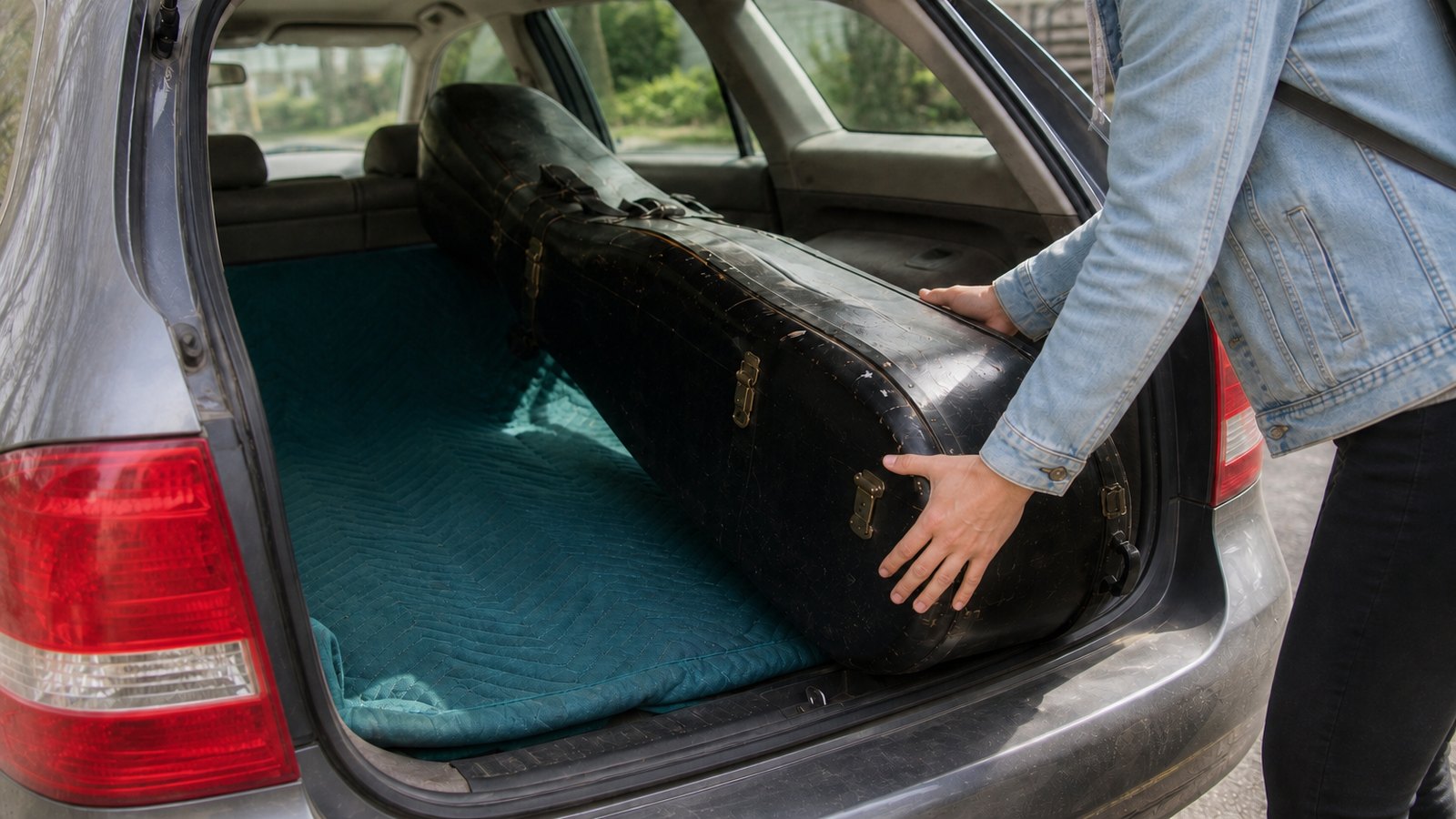 An instrument case being lifted into the back of a car.