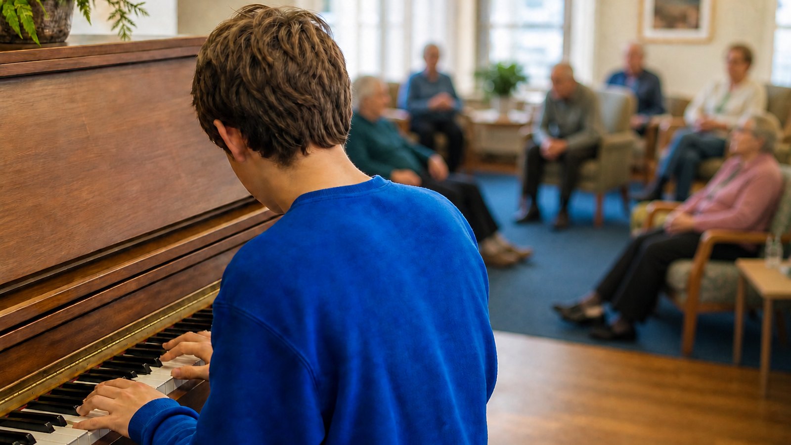 A student playing an upright piano while residents listen.