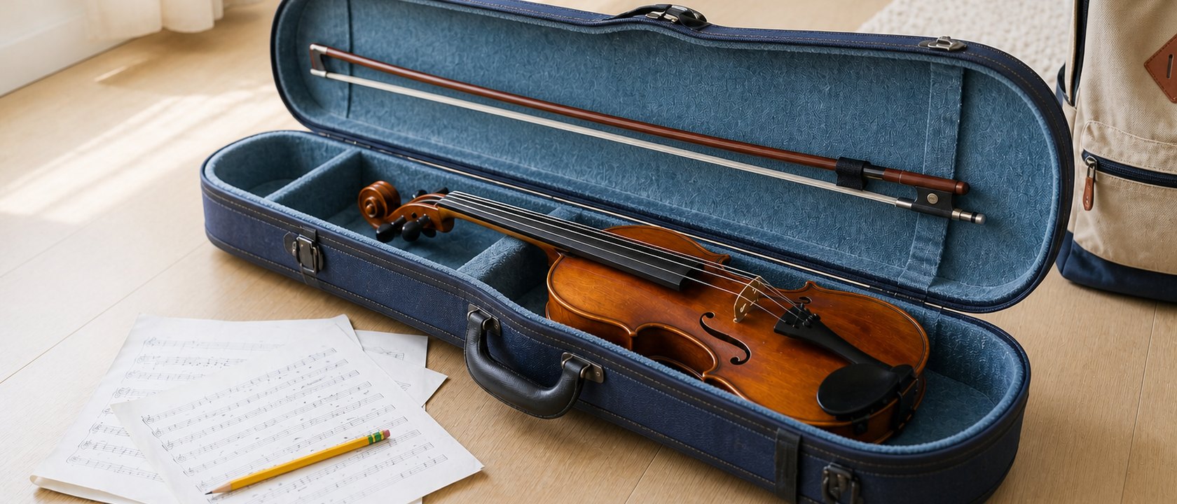 A violin in its case, ready to go to a student.
