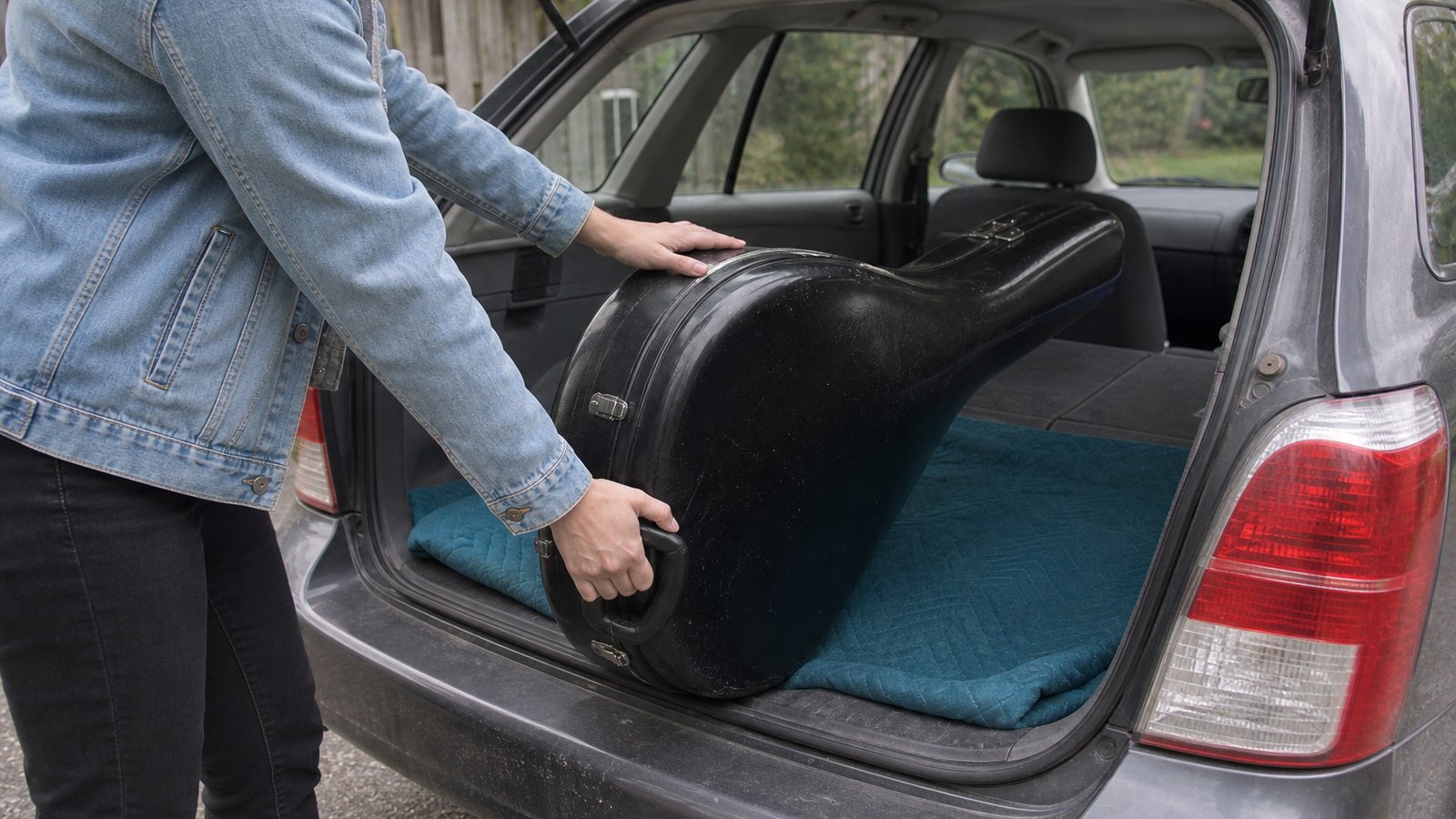 A case being lifted into the back of a car.
