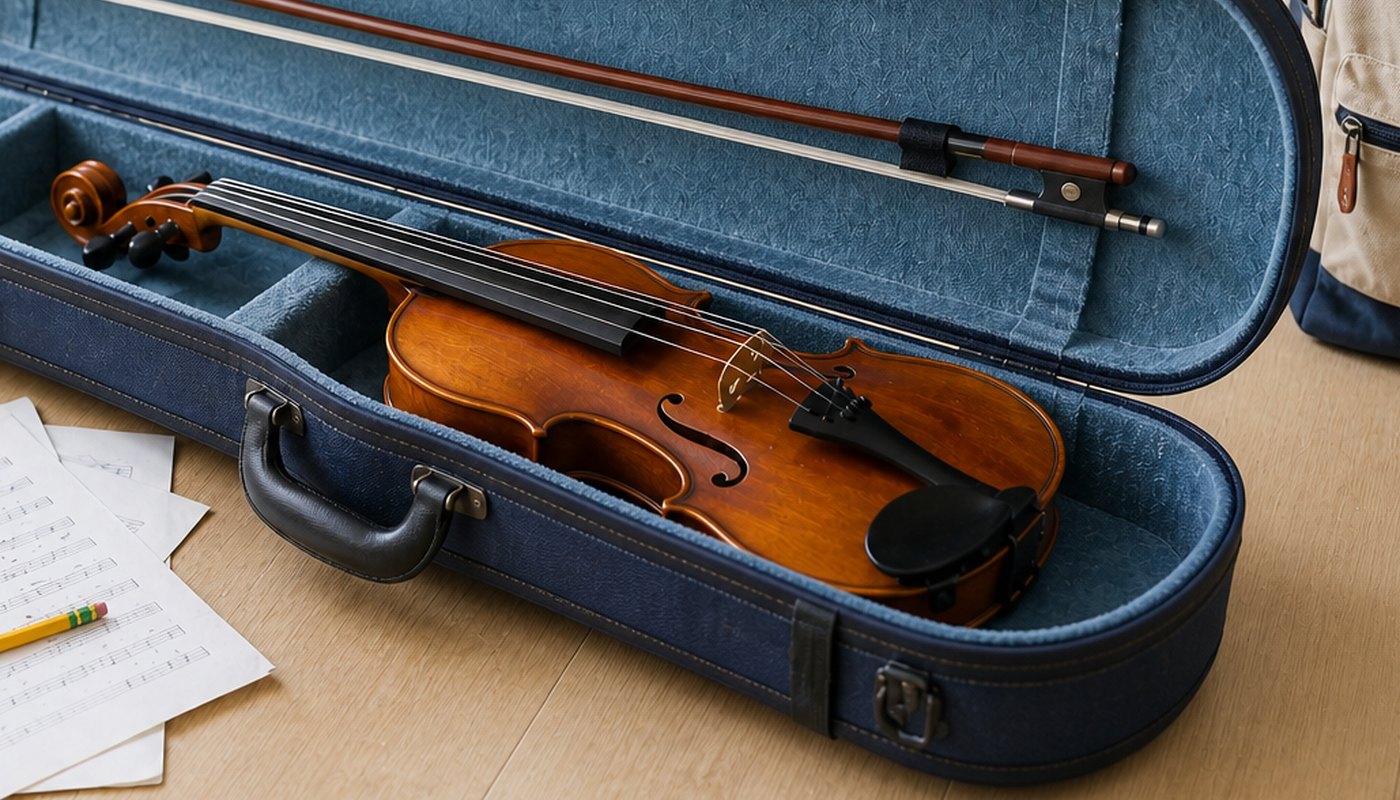 A violin in its open case, ready to be placed.